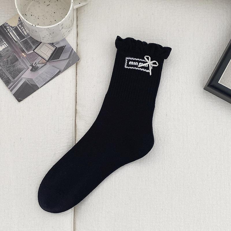 

Miu Miu Style Blue Mid-Calf Cotton Socks with Bow and Lace Ruffle One Size