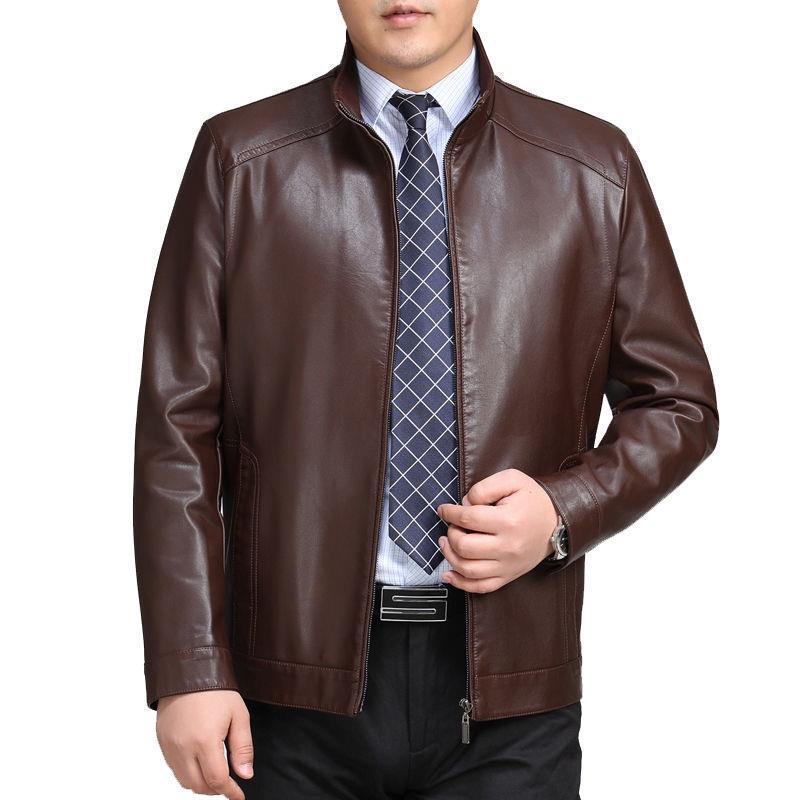Haining Men's Real Leather Jacket - Middle-Aged and Elderly Spring Autumn Business Casual Fleece-Lined Coat