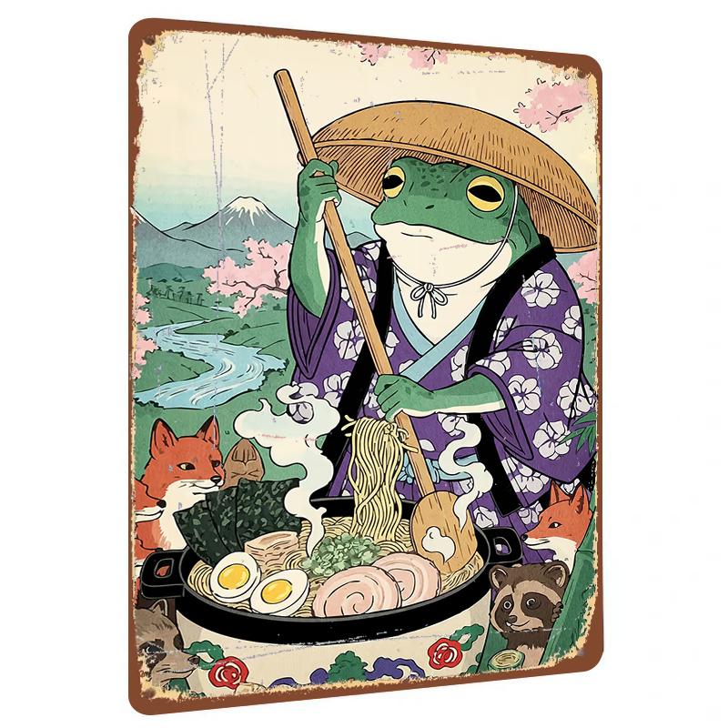 Japanese Style Frog Chef Metal Wall Art Decor Vintage Iron Painting with Cherry Blossom Landscape
