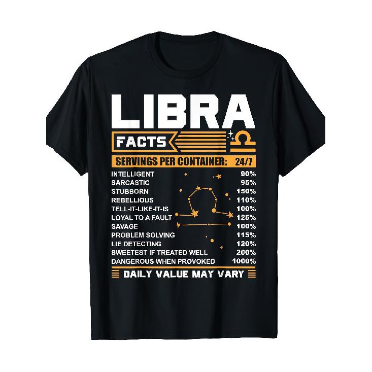 LIBRA Zodiac Facts Graphic T-Shirt - Black Tee with Striking White & Yellow Text, Showcases Intelligent & Sarcastic Traits, Includes Libra S чёрный