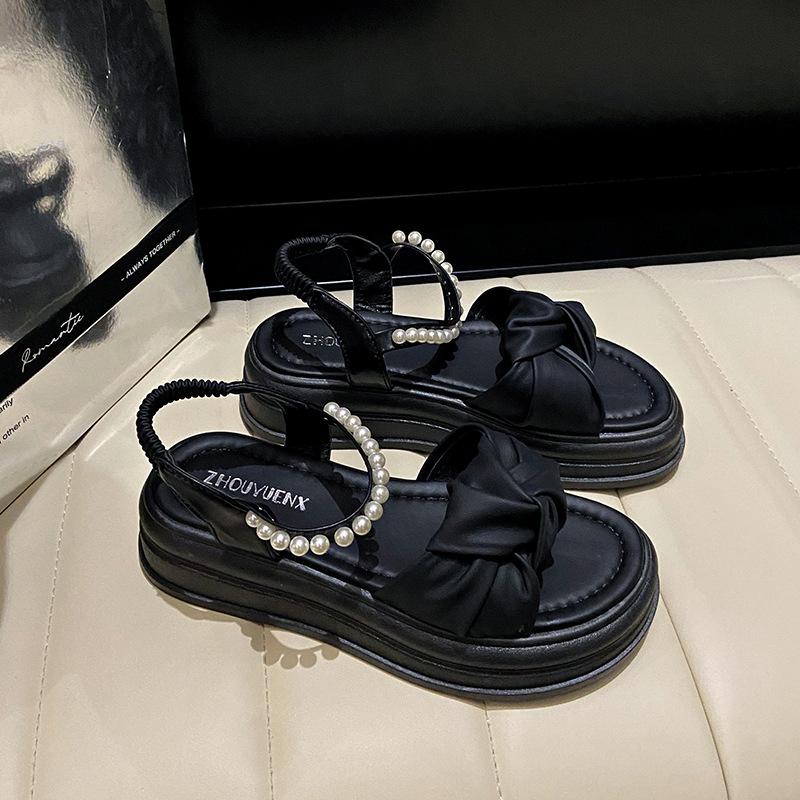 

Босоножки на платформе с бантом из жемчуга, женские, 2025, лето, новая модная простая пляжная обувь на мягкой подошве 42 чёрный