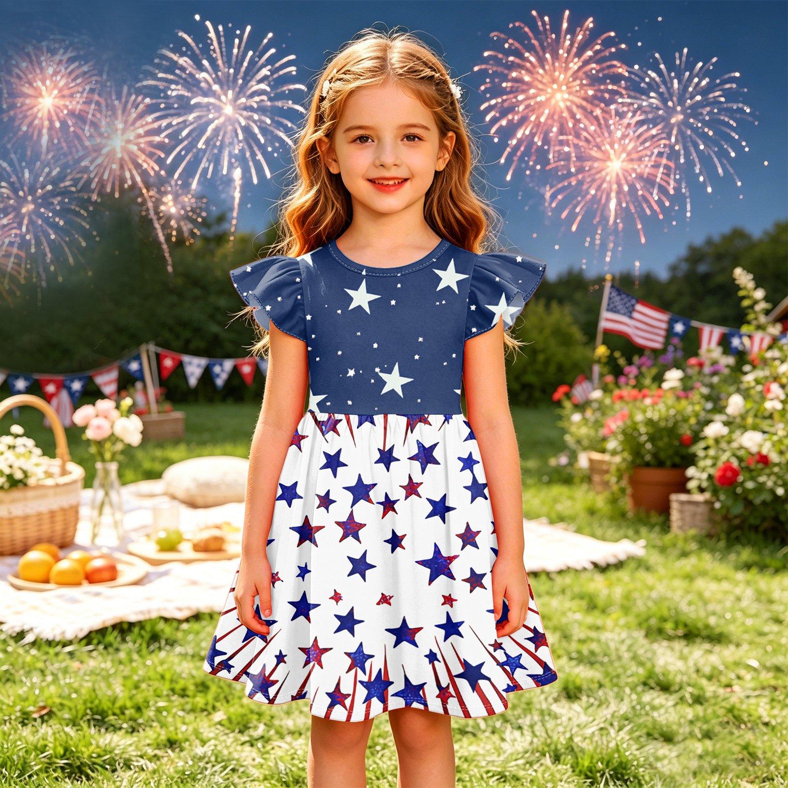 

Girls Dress Flutter Sleeve Star Pattern Spliced Dress Casual Summer Dress Lightweight Soft Fabric Comfortable Fit 140