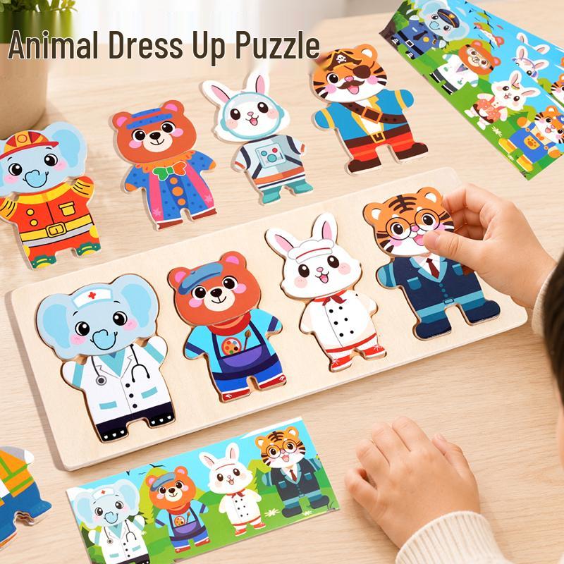 Kids Wooden Cartoon Animal Dress-Up Puzzle Board 31x13.5x5 cm