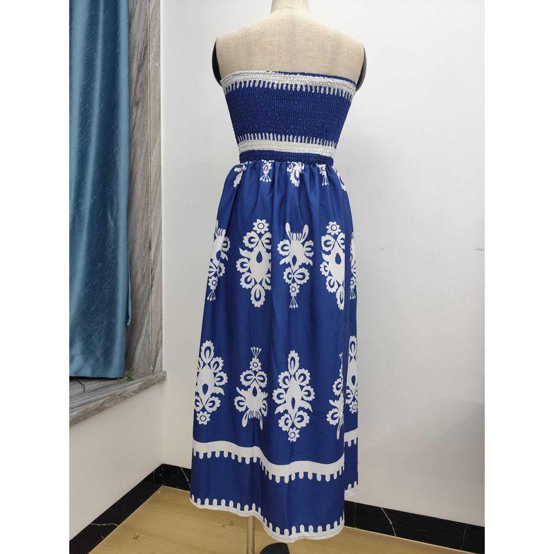 

New Print European and American Foreign Trade Women clothes 2024 Summer New Tube Top Print High Waist Slim fit Split Long dress Dress Royal Blue M