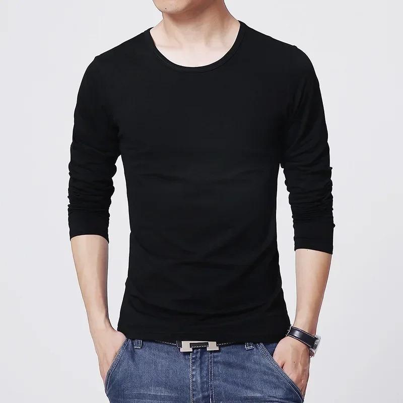 

2026 New Men s T-Shirts Long Sleeve Slim Men T-Shirt Young Man Pure Color Tops Tees Shirt O-Neck For Male Boys Tshirt M чёрный