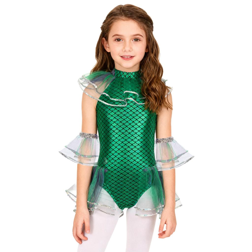 Kids Girls Mermaid Cosplay Costume: Sleeveless Mesh Sequins Bodysuit with Fish Scales Print & Arm Sleeves for Halloween Party