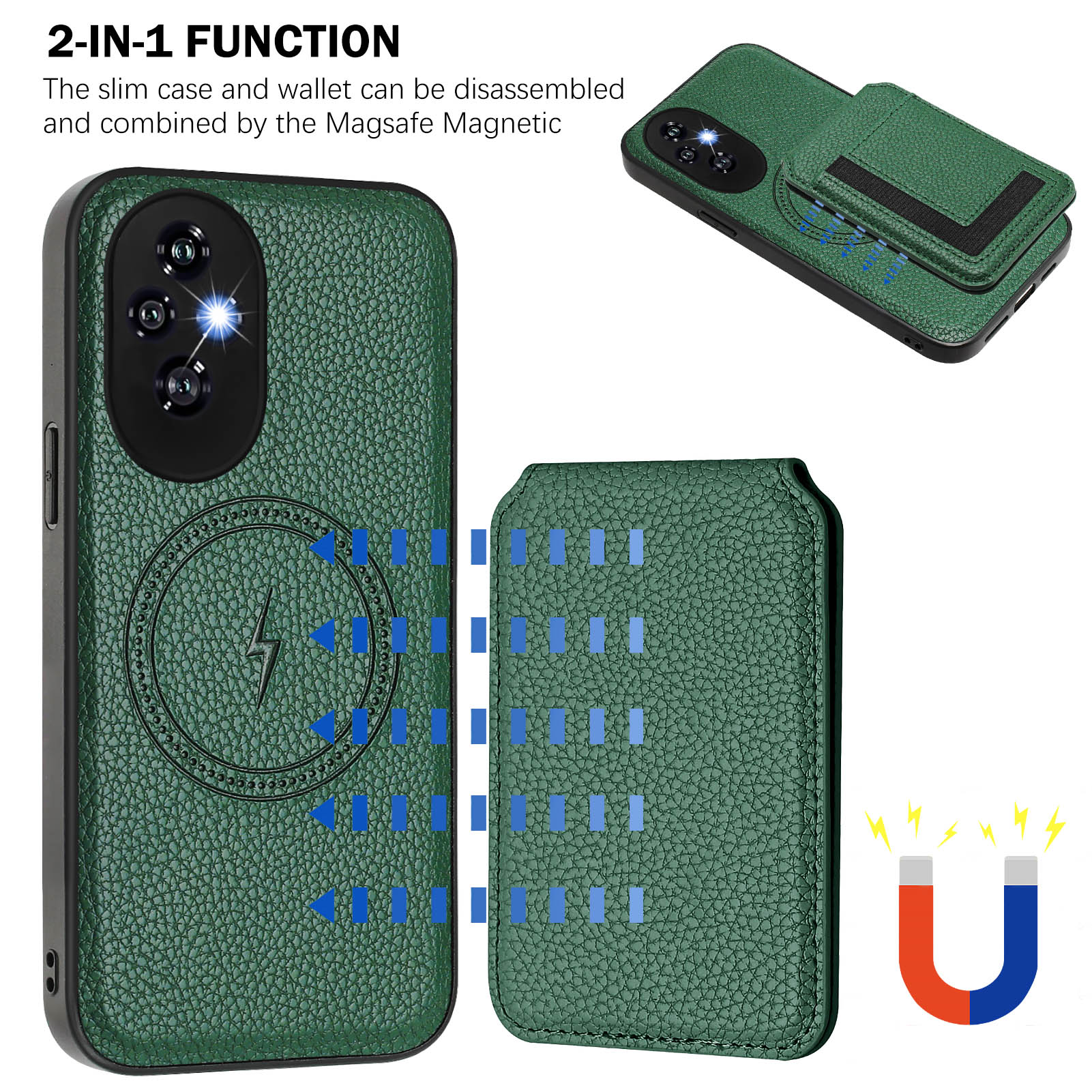 

Magsafe 2 в 1 съемный чехол-кошелек Huawei с держателем для карт, магнитной подставкой, откидной чехол из искусственной кожи для Honor X6B X7B X8B X9B Honor200 Play 8T Honor X8C темно-зеленого