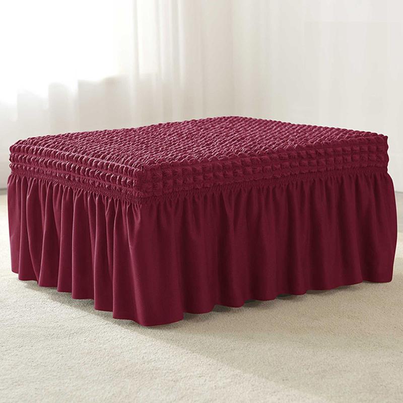 Stretch Ottoman Slipcover Removable with Skirt Footstool Protector Seersucker Thick Ottoman Cover for Living Room Cat Dog