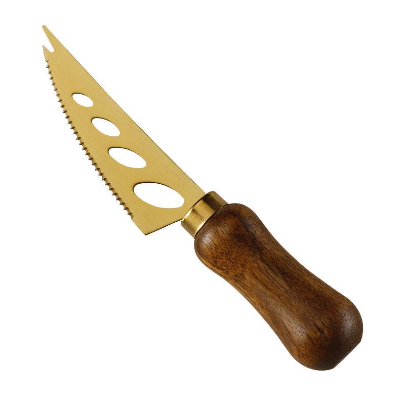 Stainless Steel Gold Cheese Knife with Acacia Wood Handle, Fork, and Spatula Utensils Set