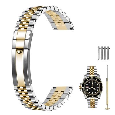 Kai Tian 20mm Stainless Steel Watch Band, Screw-In Quick Release Jubilee Watch Bracelet with Dive Deployment Buckle, Unisex, Silver and Gold