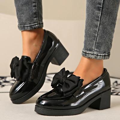 Mode Mode Schleife Klobige Absätze Pumps Damen Lackleder Plateau Slipper Frau Elegant Slip On Hohe Absätze Kleiderschuhe Übergröße