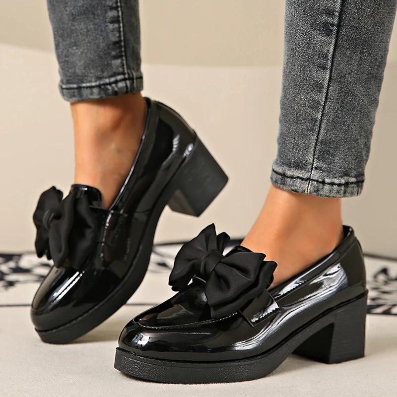 Fashion Fashion Bowknot Chunky Heels Pumps Women Patent Leather Platform Loafers Woman Elegant Slip On High Heels Dress Shoes Plus Size