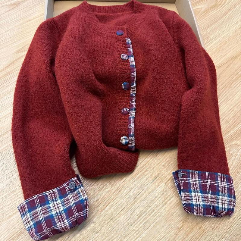 

Вязаный кардиган в клетку с эффектом двойки, женский свитер с круглым вырезом, однотонный, корейская осенняя мода, женский топ One Size красный