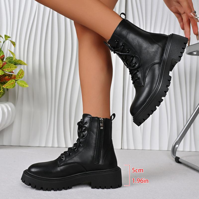 Fashion Black Punk Lace Up Motorcycle Boots Women Autumn Winter Platform Ankle Boots Women Plus Size 35-43 Zip Pu Leather Booties Mujer