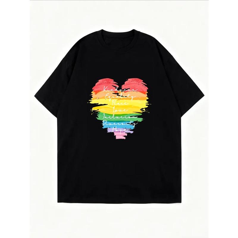 White T-Shirt With Rainbow Heart Print Kindness Equality Peace Love Inclusion Diverse Hope Design For Casual Wear And Pride Events