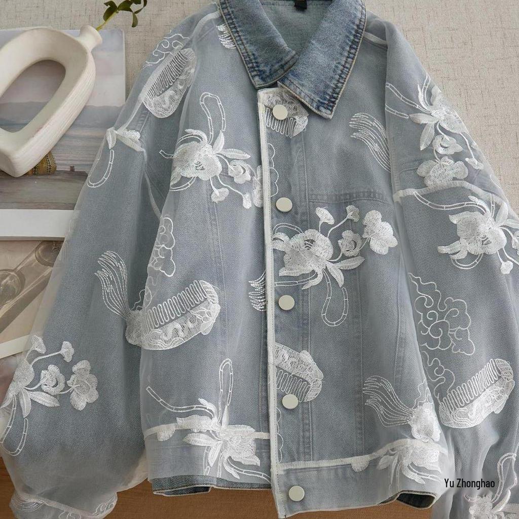 Women's Chinese Style Lace Patchwork Denim Jacket - Spring/Autumn 2026 Fashion, Age-Reducing Short Design