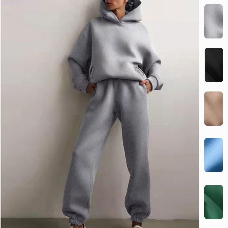 2026 Womens Solid Color Hooded Sweatshirt Jogger Pants Set Casual Two-Piece Outfit Collection