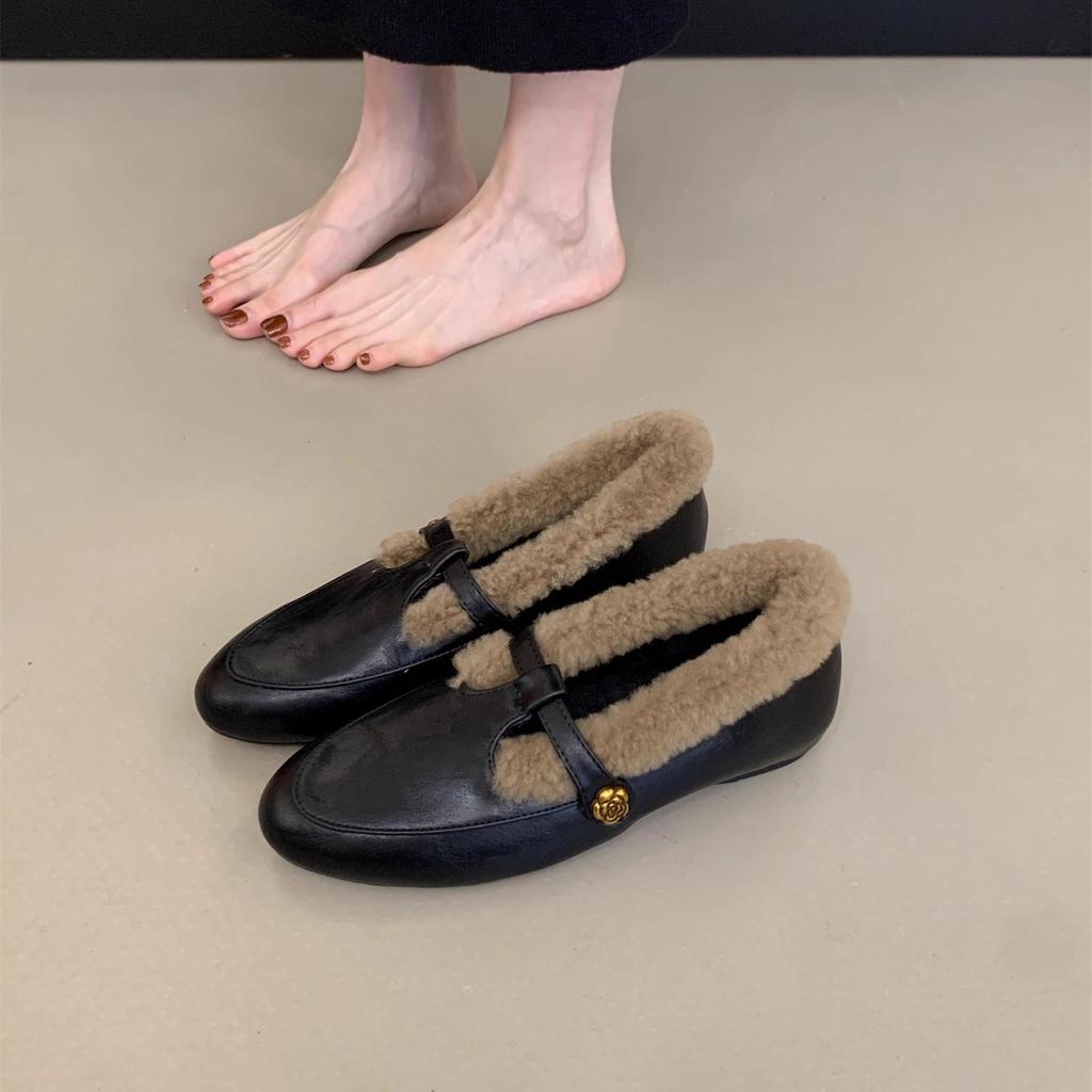 Fleece small leather shoes loafers retro fluffy shoes women wear winter Mary Jane warm cotton shoes