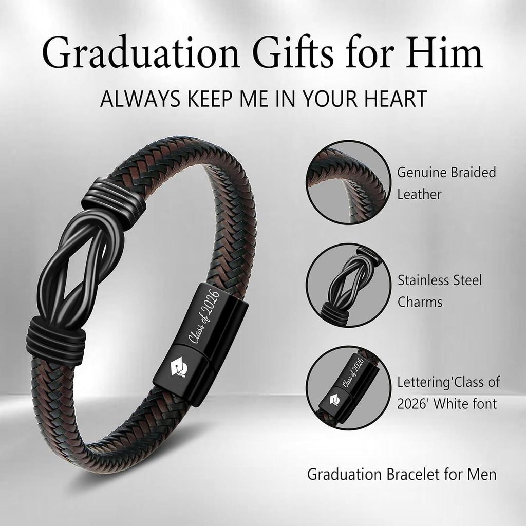 Men's Graduation Season Retro Woven Leather and Stainless Steel Bracelet