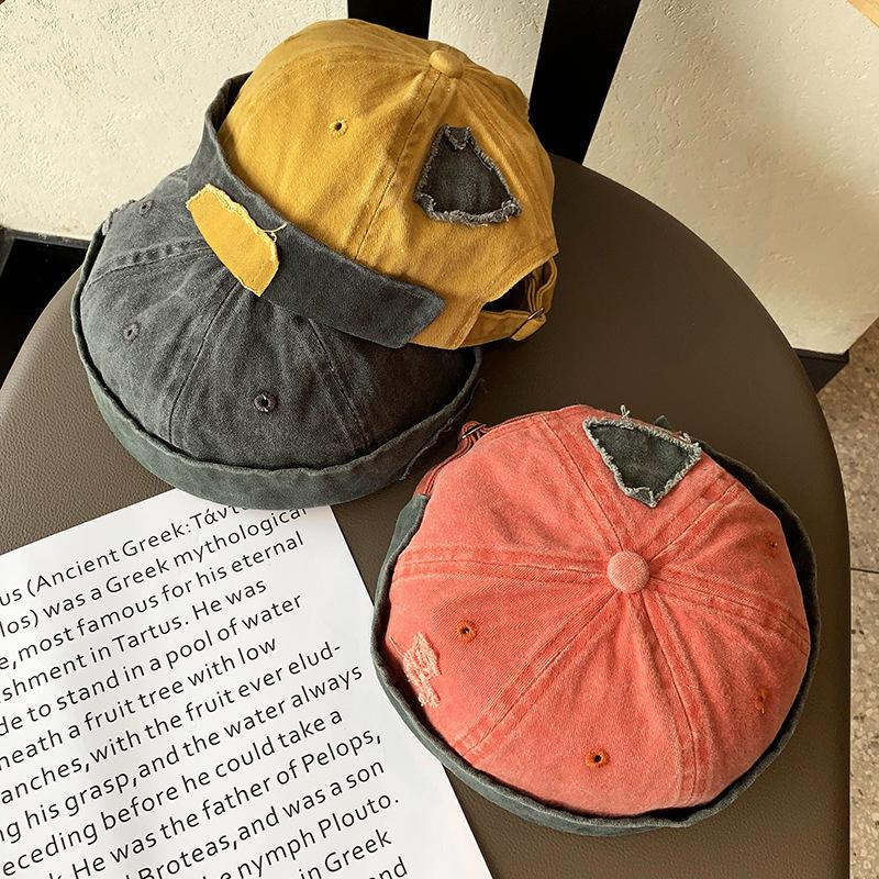 Retro Washed Cotton Docker Cap Men Solid Color Patchwork Brimless Hat Streetwear Hip Hop Adjustable Dome Melon Cap
