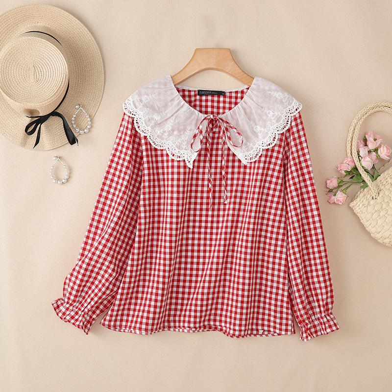 

ZANZEA Жіноча повсякденна блузка зі вставками, коміром-лялькою, вільним кроєм, довгими рукавами та клітчастим принтом 4XL червоний