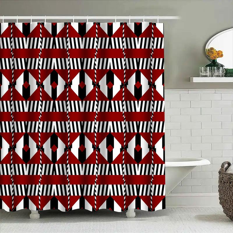 Modern Red White Geometric Shower Curtain Set Striped Bath Decor Water-Resistant Fabric Perfect For Bathroom Multiple Sizes Avai