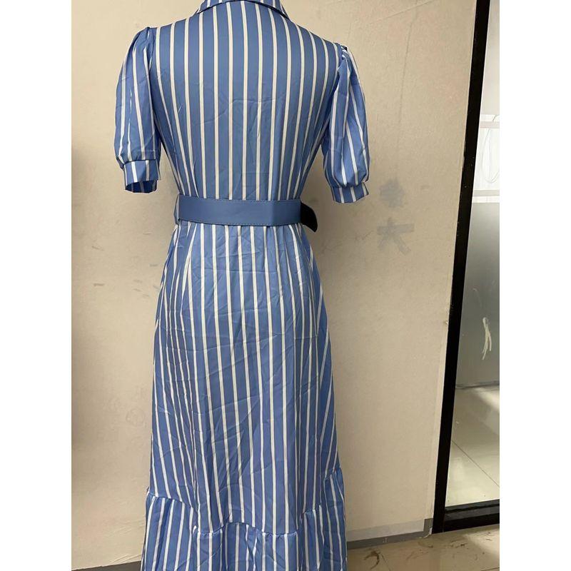 Cross-Border Stripe European and American Elegant Long Bubble Short sleeve Patchwork Fishtail Big Hemline Jumpsuit Long dress With Belt Dress