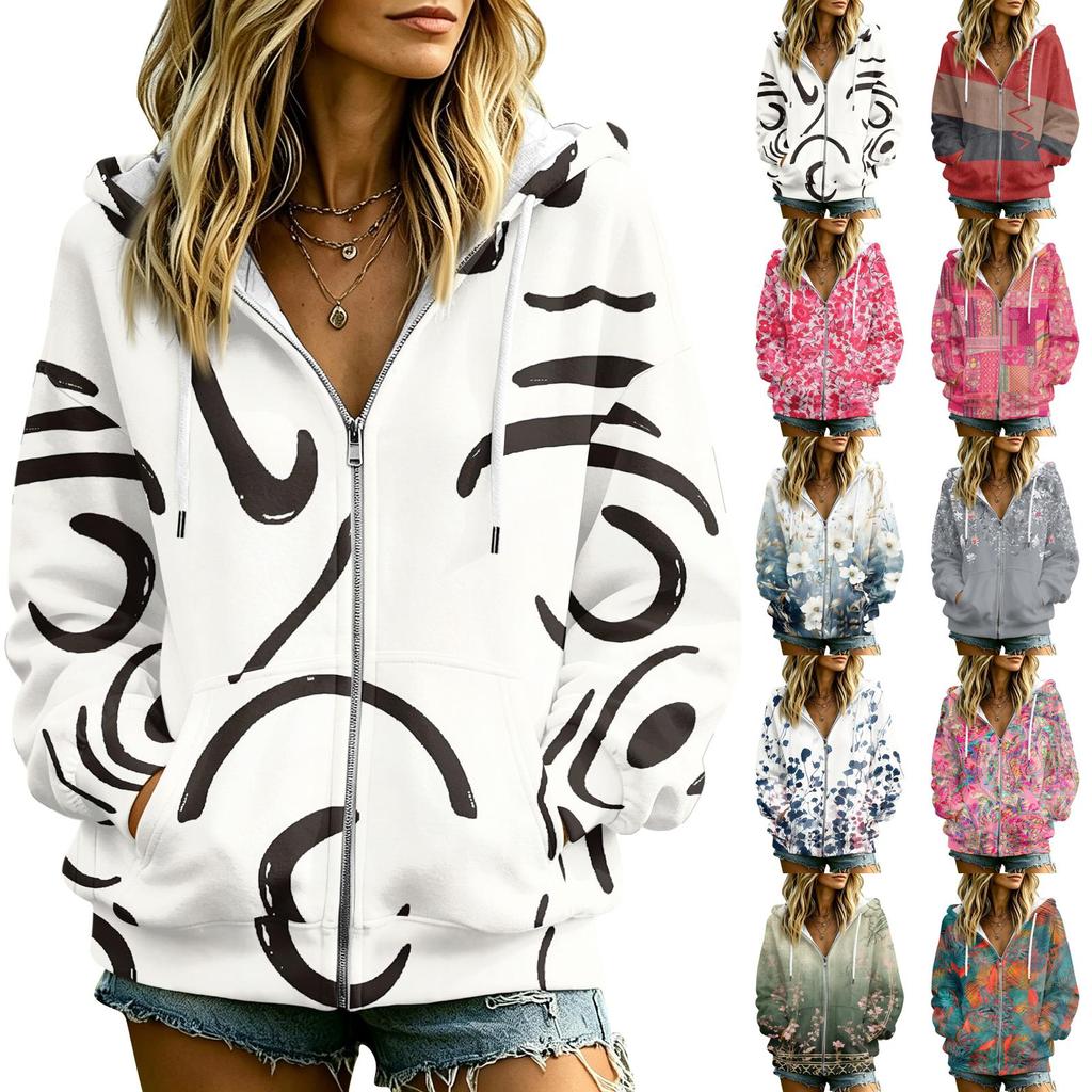 Women's Floral Print Casual Hooded Long Sleeve Jacket with and Pockets