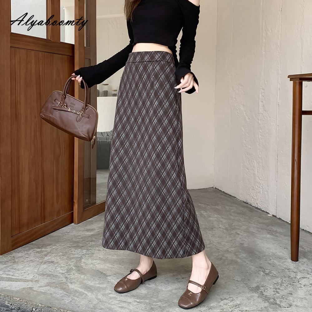 

Korean Fashion Autumn Winter Women Plaid Midi Skirt High Waist Brown Navy Plaid Split Skirt Vintage Elegant Feminine Ladies Skirts Womens One Size