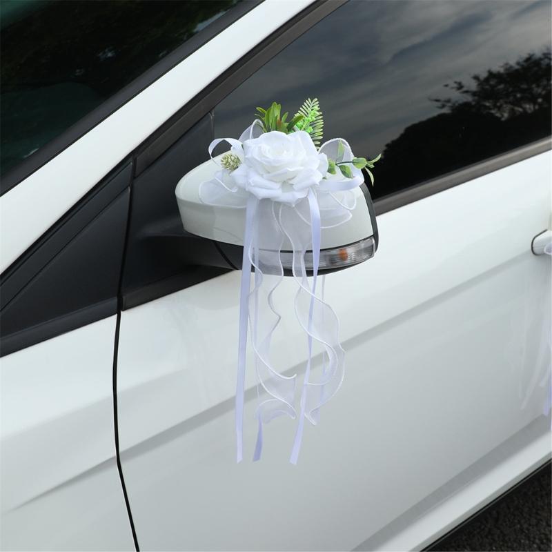 Ornement Floral pour Véhicule de Cérémonie avec Rubans de Roses Artificielles Longueurs pour Placement sur Miroir de Mariage et Accent de Voiture