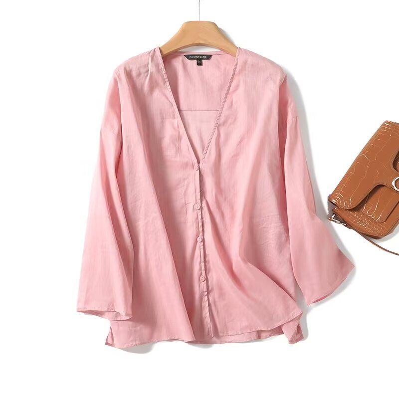 

MD Women s Clothing French Normcore Cotton and Linen Vacation Style Tops Lightweight Elegant V-neck Long Sleeve Shirt 05138944902 Pink L