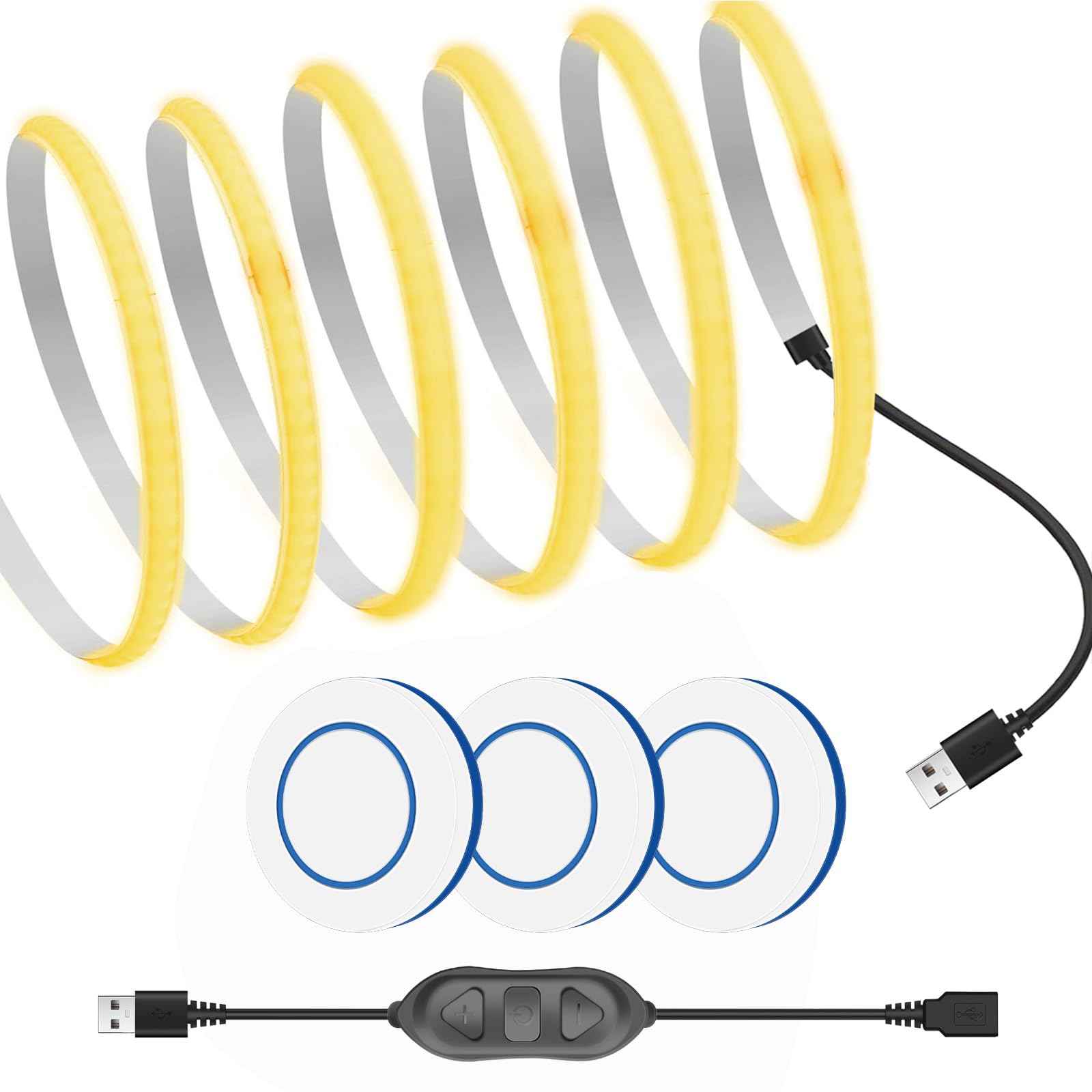 

RYE COB Flexible LED Strip 5mm 320 2700K Warm with 3 Round Button 5V USB 3m Concealed Light Deformable and Cuttable for and Office Light, Wide, 3m,