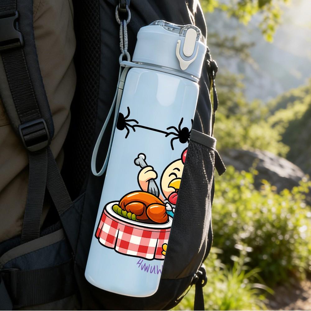 1PC Picnic Chicken Halloween Pattern 750ml Color Plastic Sports Water Bottle Leakproof Flip Straw Lid Suitable for Sports Office Home Use