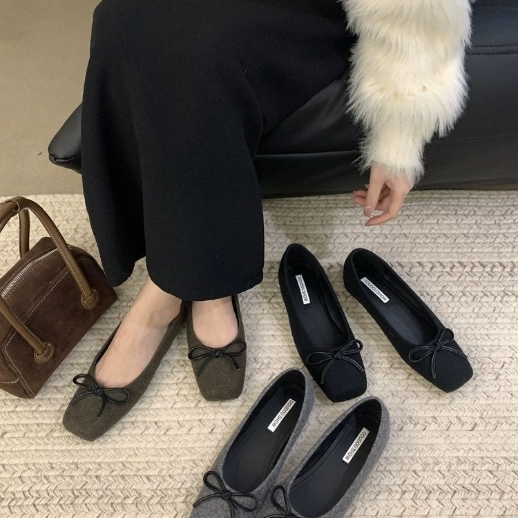 Flat Bottom Square Head Bow Doudou Single Shoes Women's Shoes 2025 New Spring, Autumn and Winter French Suede Gentle Evening Shoes