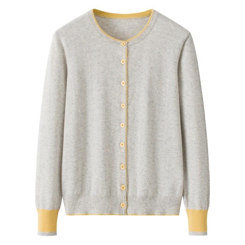 Early Autumn Women's Color Block Cashmere Cardigan - Round Neck, 9 Resin Buttons Sweater Coat