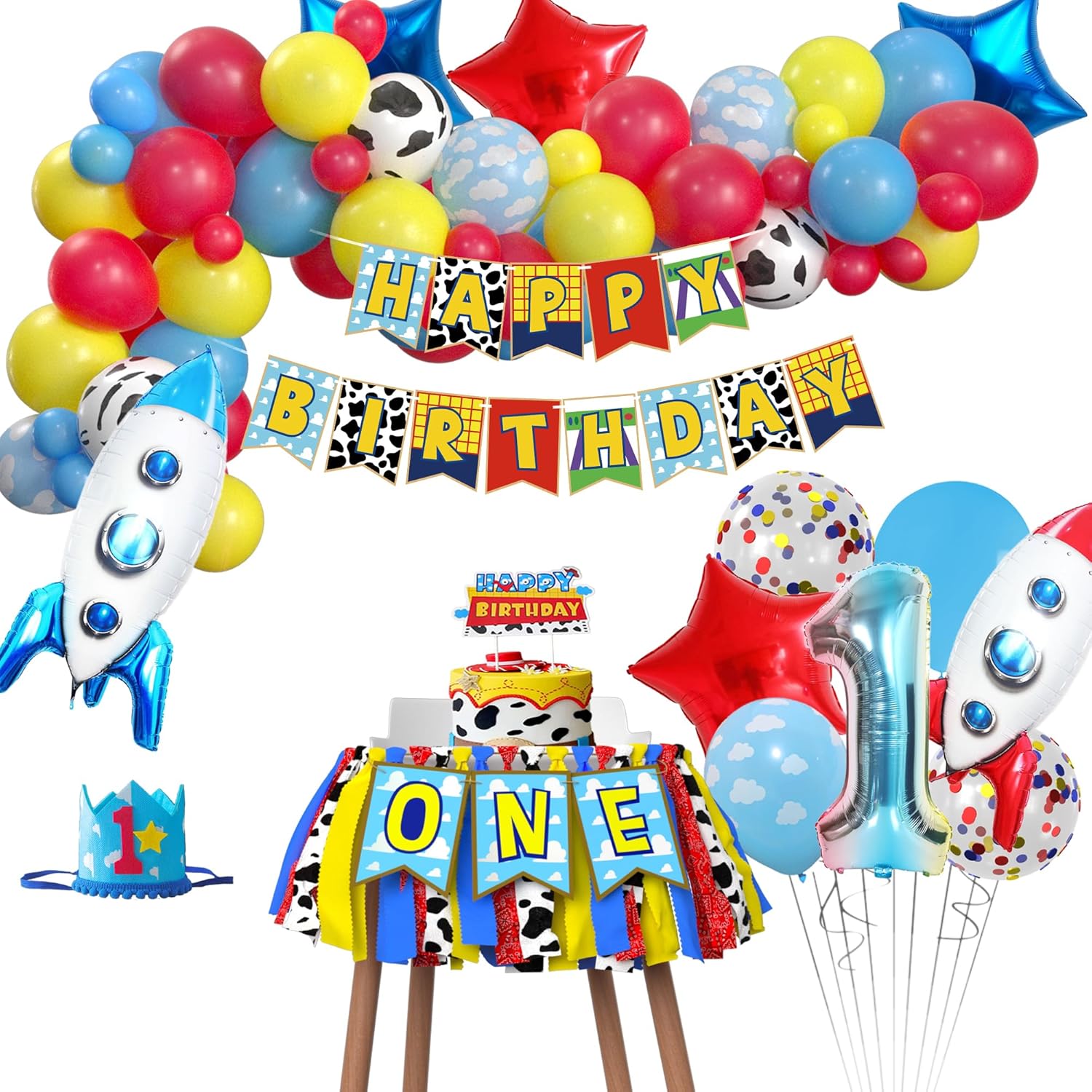 Cartoon Toy 1st Birthday Party Supplies - Toy Cartoon First Birthday Decorations, Balloon arch, Highchair Banner, Banner, Crown, Cake Topper, Toy