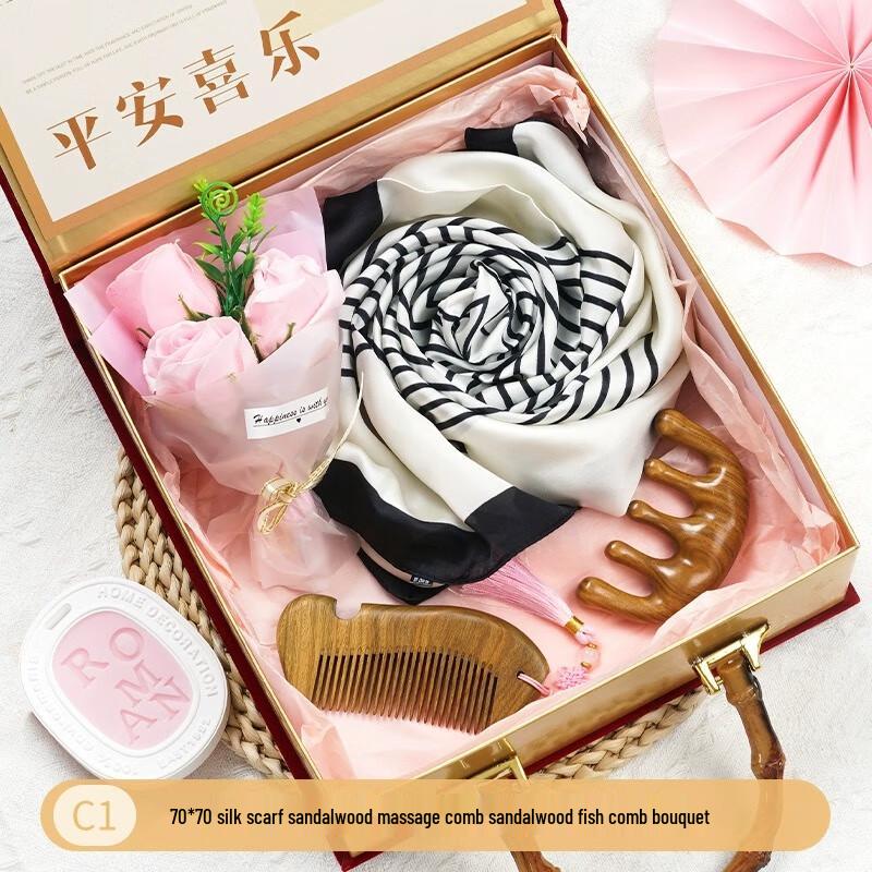 Women's Day Gift Set: Scarf, Sandalwood Combs & Bouquet