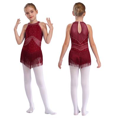 Girls Glittery Rhinestones Dance Leotard Fringed Design Sheer Mesh Patchwork Keyhole Back Tassel Bodysuit
