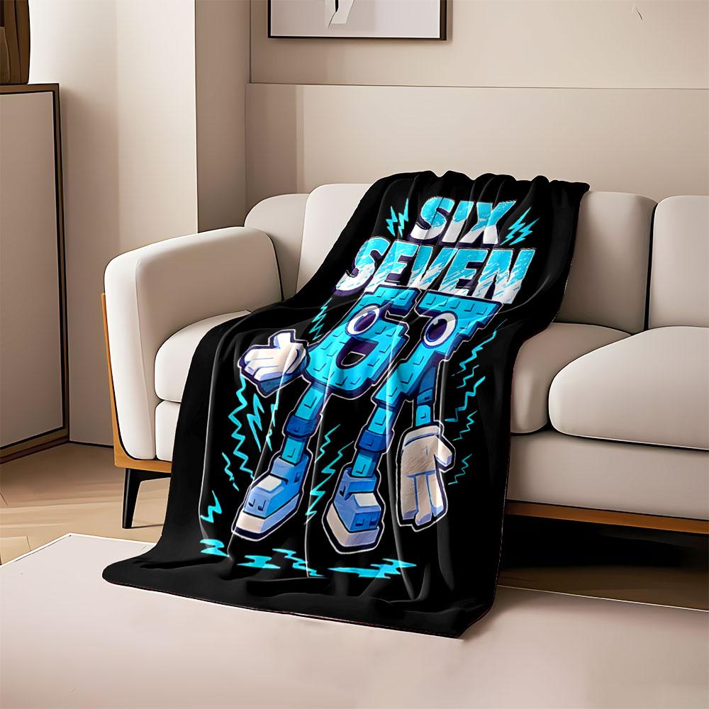 

Blue blocky characters 6 and 7 with lightning bolts and text. for all seasons blanket lunch break throw gift 80cm x 120cm