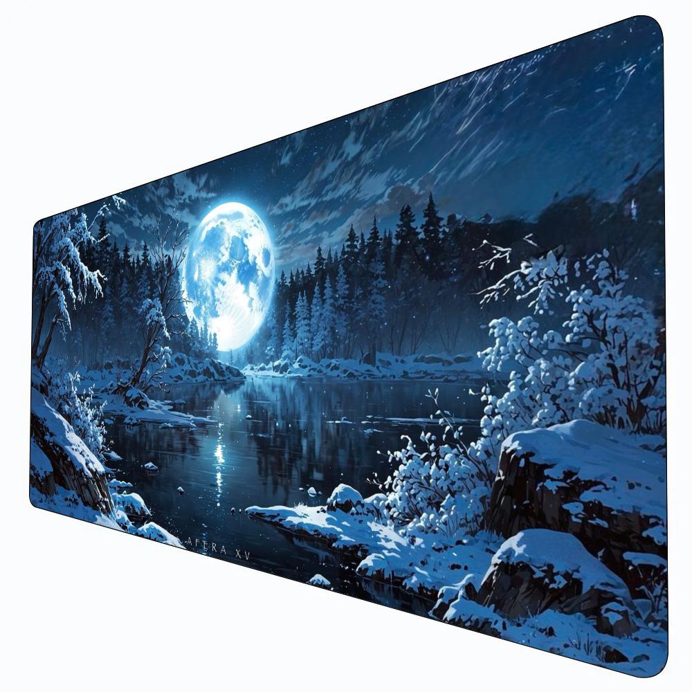 Snowy Moon Lake Desk Pad Non Slip Rubber Mousepad Fantasy Winter Night Scene Snow Covered Forest Giant Bright Moon