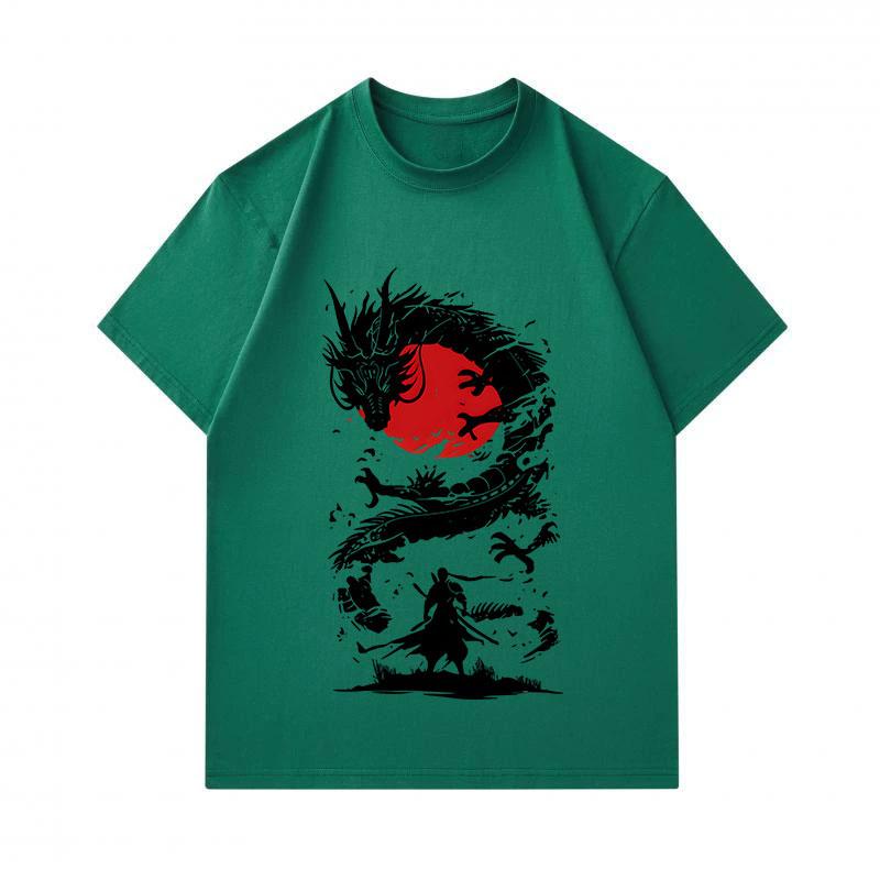 100% Cotton Men's Crew Neck Short Sleeve T-shirt, Cool Samurai VS Dragon Red Sun Ink Print Casual Breathable Tee for Daily Streetwear, Unique Retro Ja