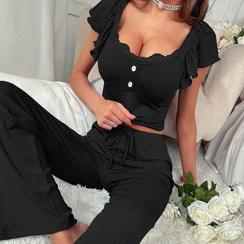 Women's Ribbed Short Sleeve Top & Long Pants Pajama Set - Autumn/Winter Collection