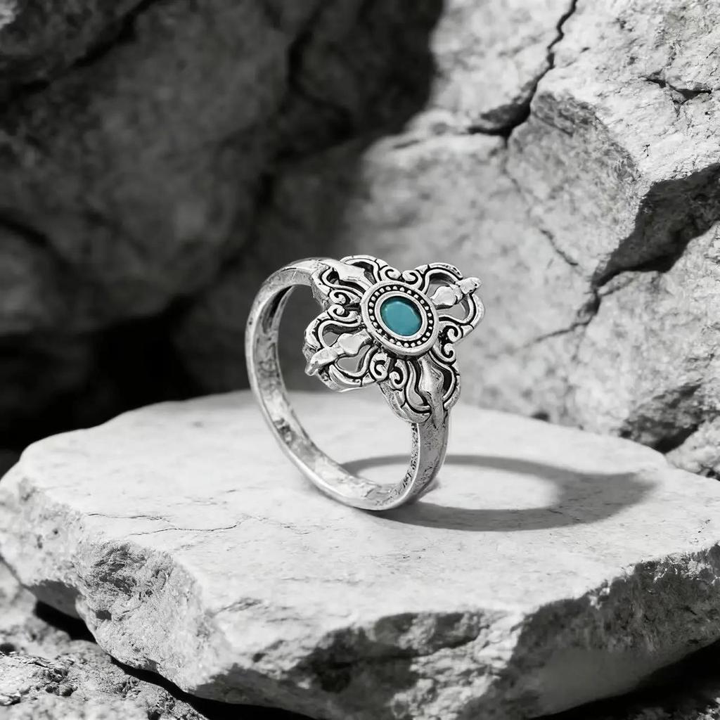 Bohemian Unisex Vintage Copper Plated Silver Ring Cross Totem Turquoise Inlaid Jewelry for Men Women Daily Wear Party Holiday