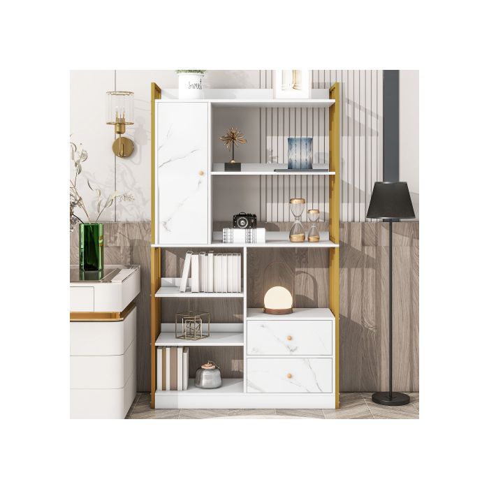 Bookshelf - MUVOE - 6 Shelves - Marbled White - Doors and Drawers - Chic Elegance