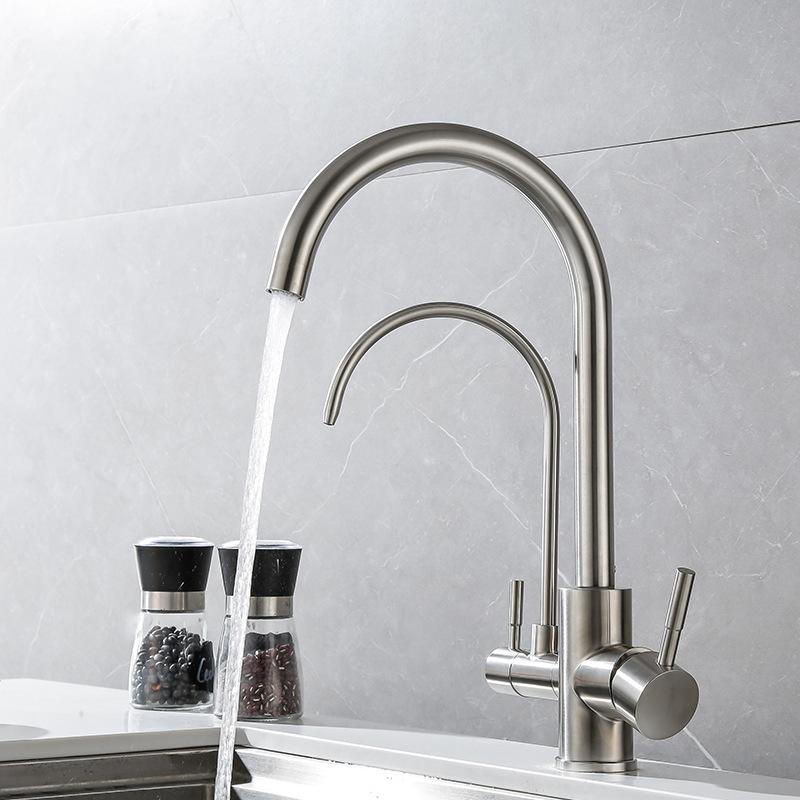 Nickel 304 Stainless Steel  Kitchen Sink Faucet Pure Water Filter Dual Handle Hot and Cold Drinking Water Mixer Taps Crane