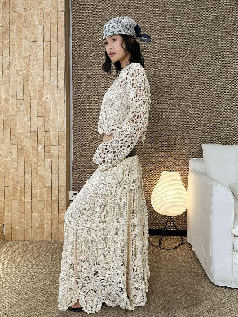 Frühlingshafter Französisch-Bohemian-Häkel-A-Linien-Langrock für Damen