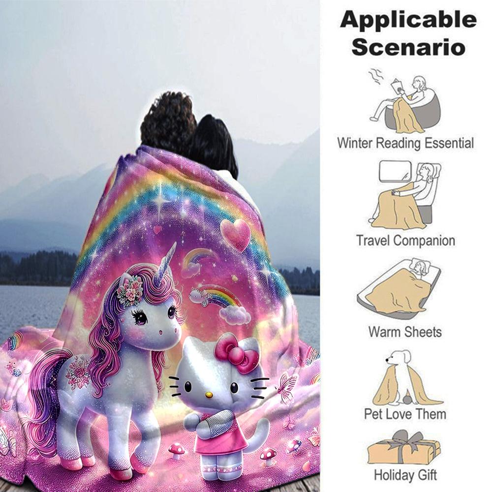 1pc Unicorn Hello Kitty Blanket Lightweight Flannel Throw for Sofa Bed Travel Camping Livingroom Office Couch Chair