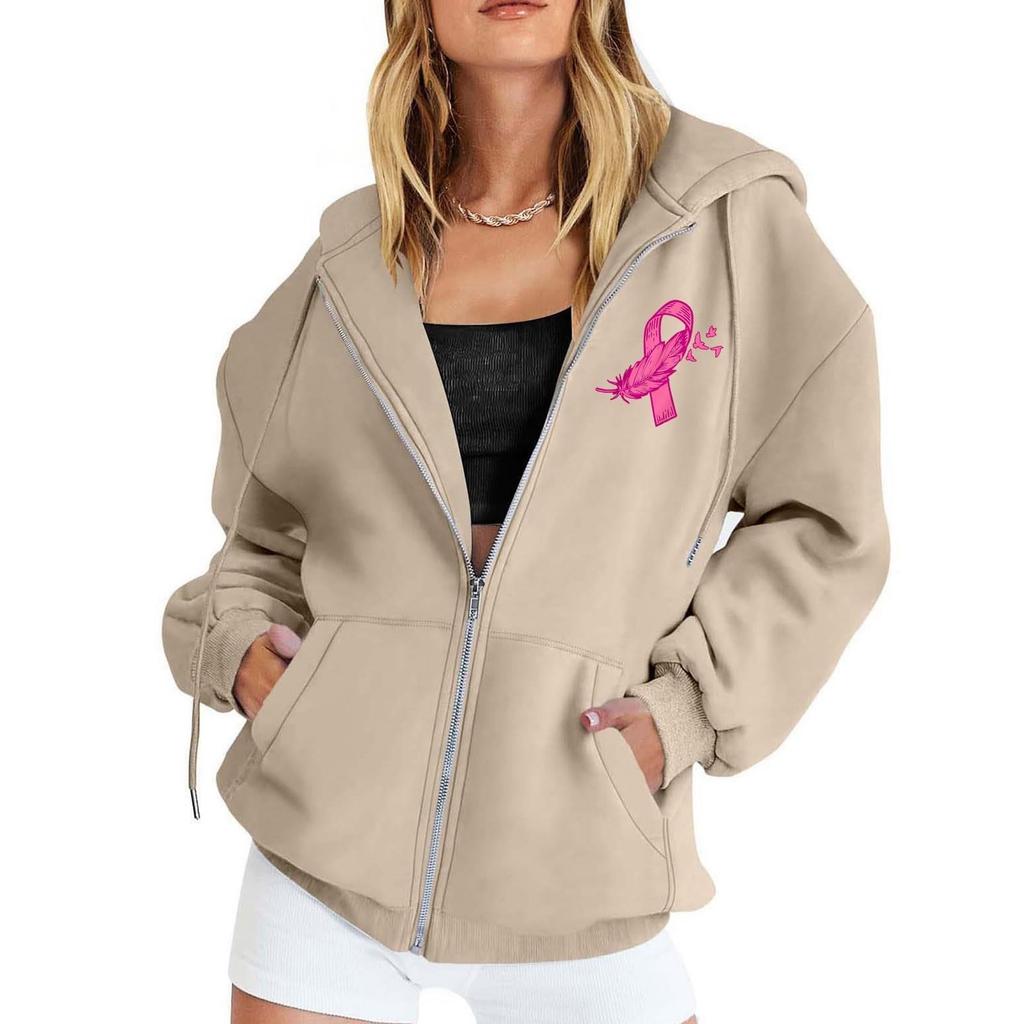 Women's Breast Sweatshirt Ribbon Breast Long Sleeve Hooded Pocket Casual Sweatshirt Jacket