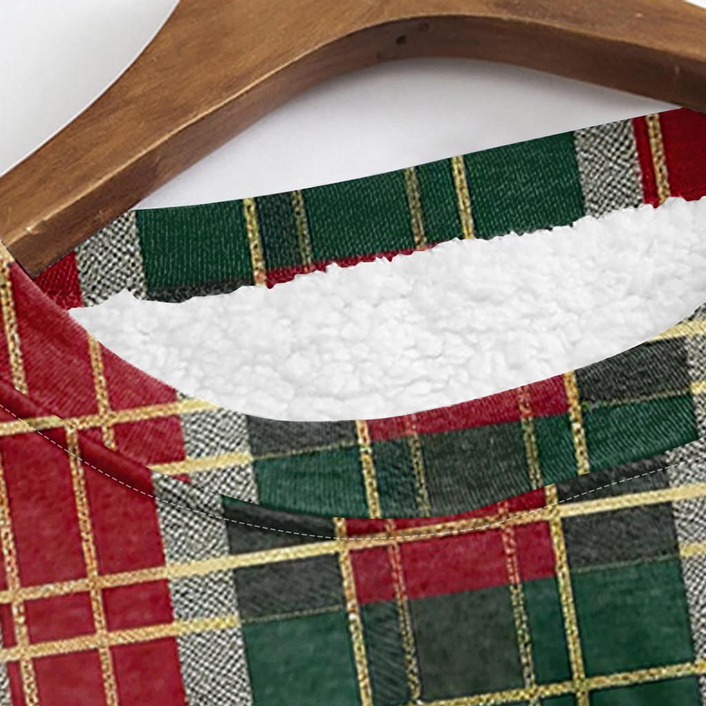 Dámský módní kostkovaný potisk kulatý výstřih dlouhý rukáv plyšový zimní hřejivý pulovr top