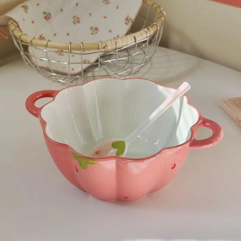 Charming Ceramic Double-Ear Berry Petal Bowl for Fruit, Salad, or Noodles - Anti-Scald Design.